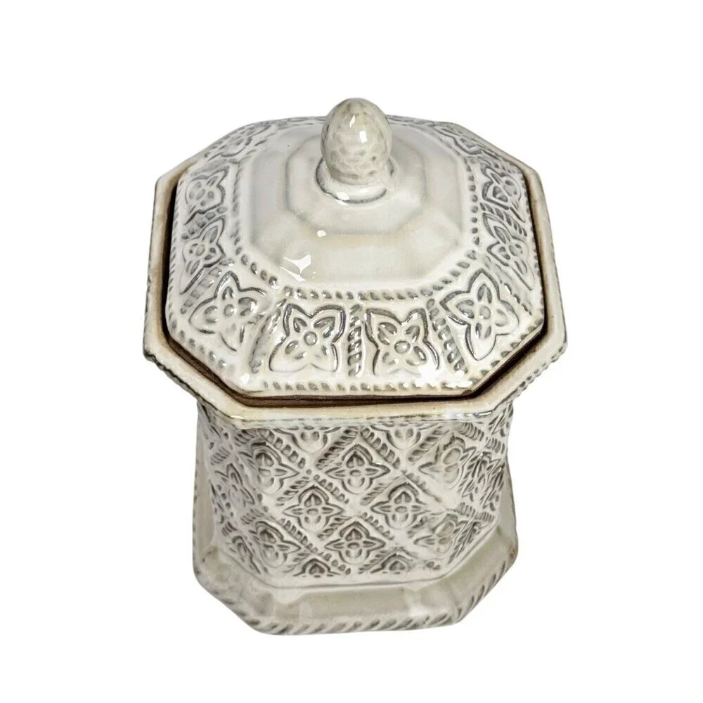 Vintage Ceramic Canister Cookie Jar Cream Kitchen Decor Floral Relief Octagonal